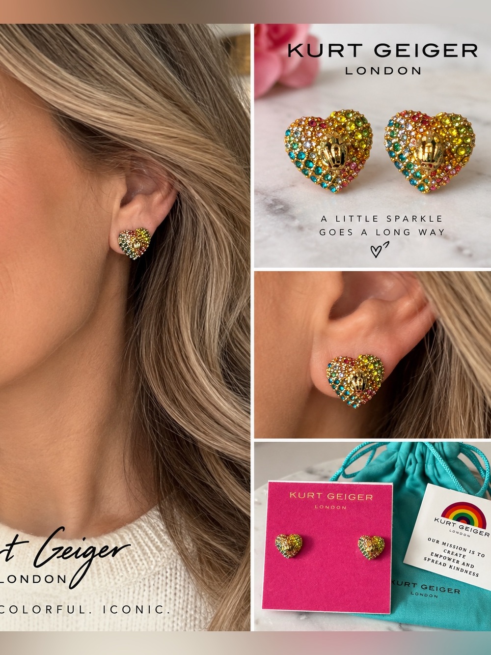 NWT Kurt Geiger London Multicolor Crystal Heart Stud Earrings